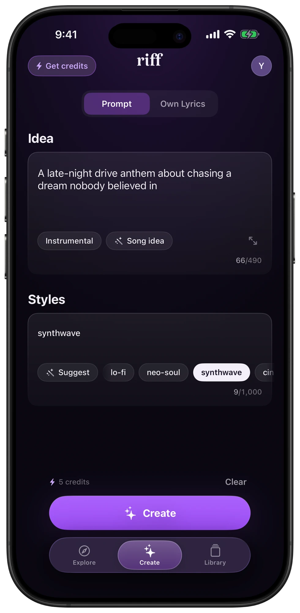 The Riff create screen with an idea and a style