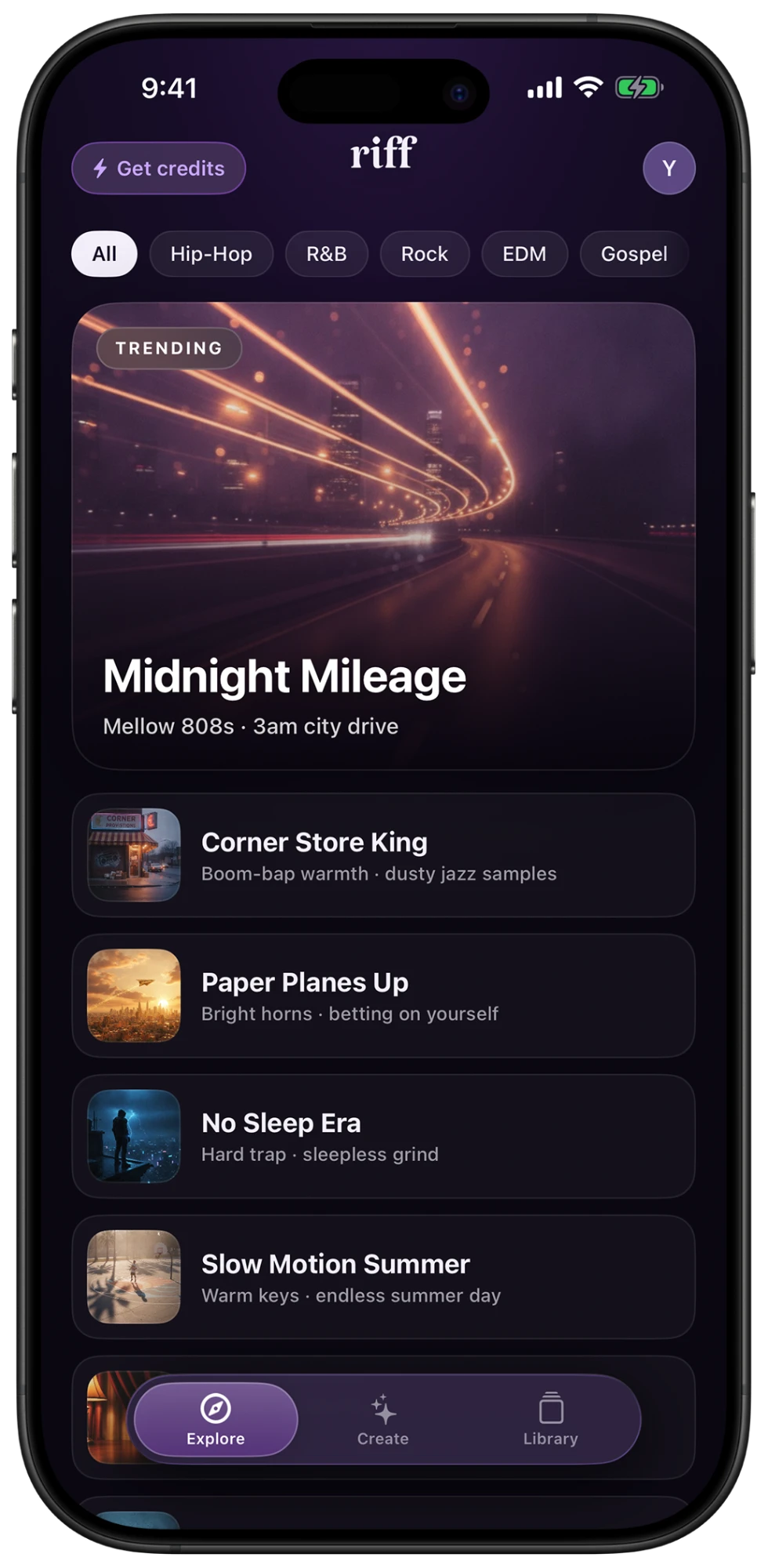 Trending songs in the Riff explore feed